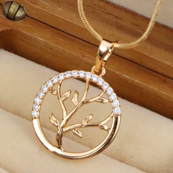 "Tree of Life Rose Gold Pendant with CZ Accents in Circular Frame, XPPT1553 - Picture 1 of 13